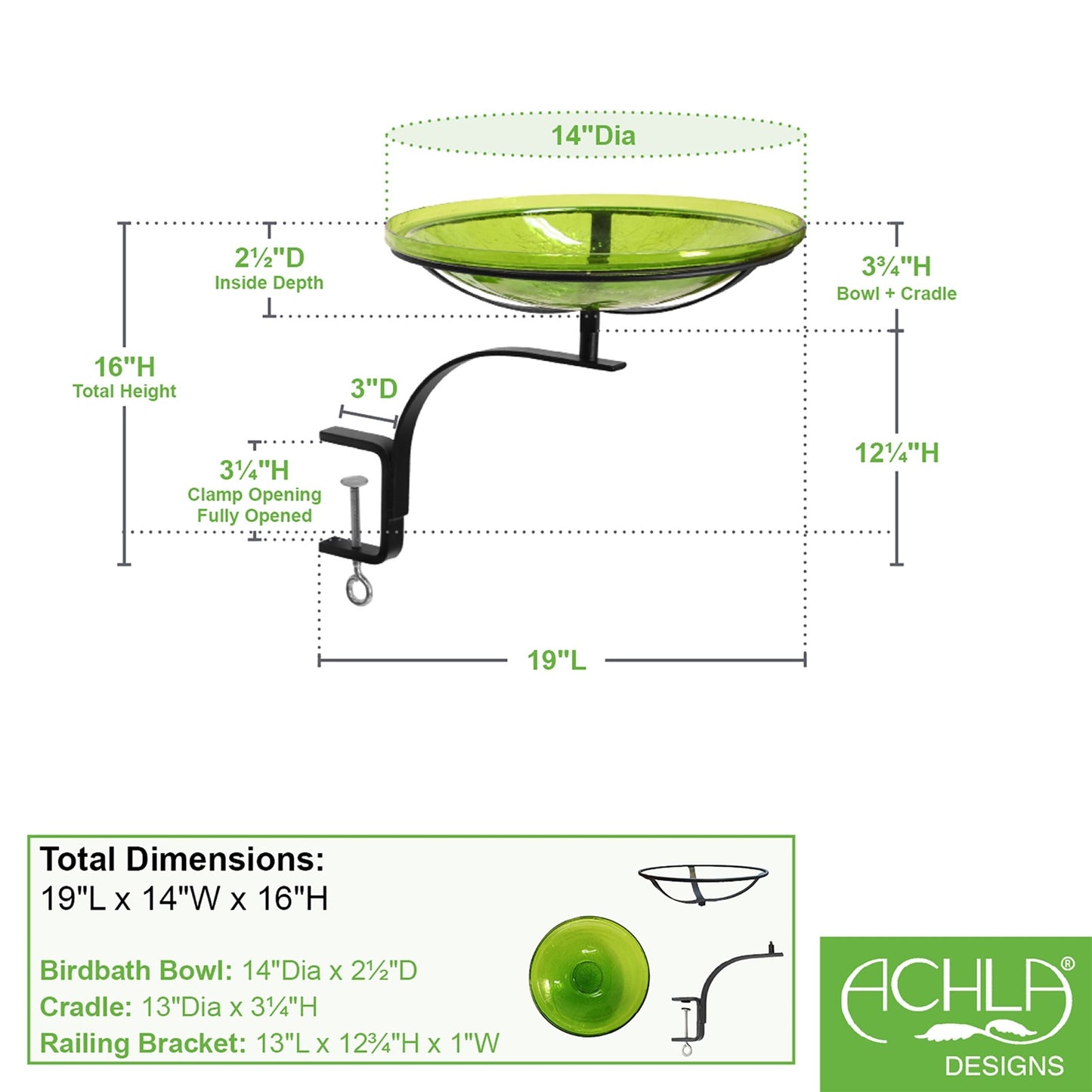 ACHLA 14in Crackle Glass Birdbath | Fern Green Hand-Blown Glass Bowl on Black Wrought Iron Rail Bracket | Deck & Balcony Bird Bath | Model CGB-14FG-RM