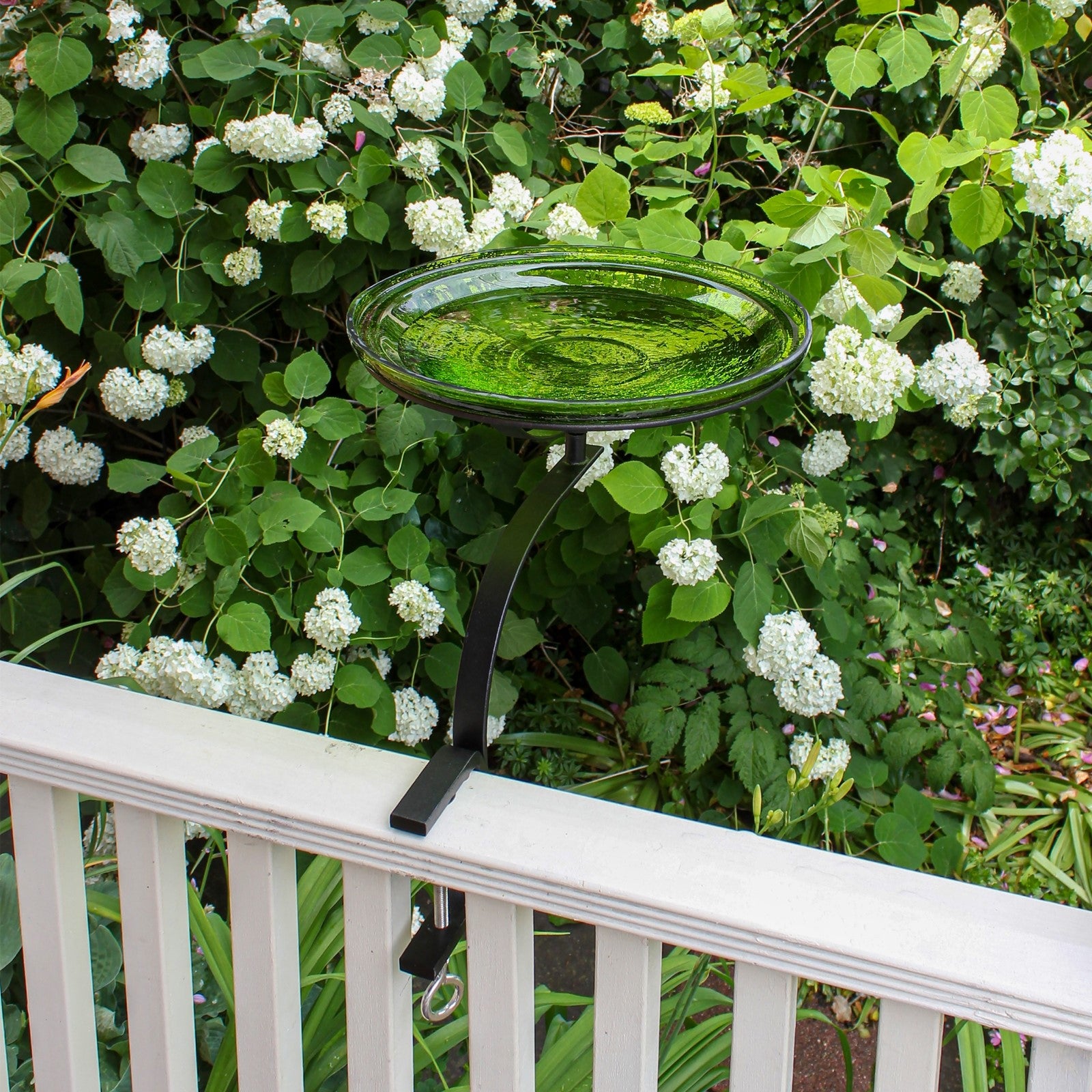 ACHLA 14in Crackle Glass Birdbath | Fern Green Hand-Blown Glass Bowl on Black Wrought Iron Rail Bracket | Deck & Balcony Bird Bath | Model CGB-14FG-RM