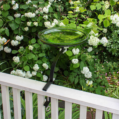 ACHLA 14in Crackle Glass Birdbath | Fern Green Hand-Blown Glass Bowl on Black Wrought Iron Rail Bracket | Deck & Balcony Bird Bath | Model CGB-14FG-RM
