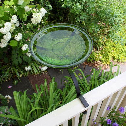 ACHLA 14in Crackle Glass Birdbath | Fern Green Hand-Blown Glass Bowl on Black Wrought Iron Rail Bracket | Deck & Balcony Bird Bath | Model CGB-14FG-RM