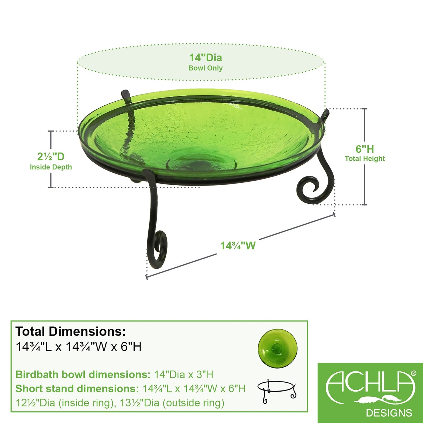 ACHLA 14in Crackle Glass Birdbath | Fern Green Hand-Blown Glass Bowl on Black Wrought Iron Stand | Garden & Patio Accent | Model CGB-14FG-S2