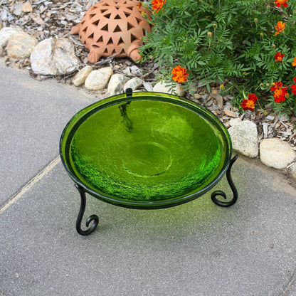 ACHLA 14in Crackle Glass Birdbath | Fern Green Hand-Blown Glass Bowl on Black Wrought Iron Stand | Garden & Patio Accent | Model CGB-14FG-S2