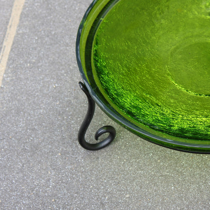 ACHLA 14in Crackle Glass Birdbath | Fern Green Hand-Blown Glass Bowl on Black Wrought Iron Stand | Garden & Patio Accent | Model CGB-14FG-S2