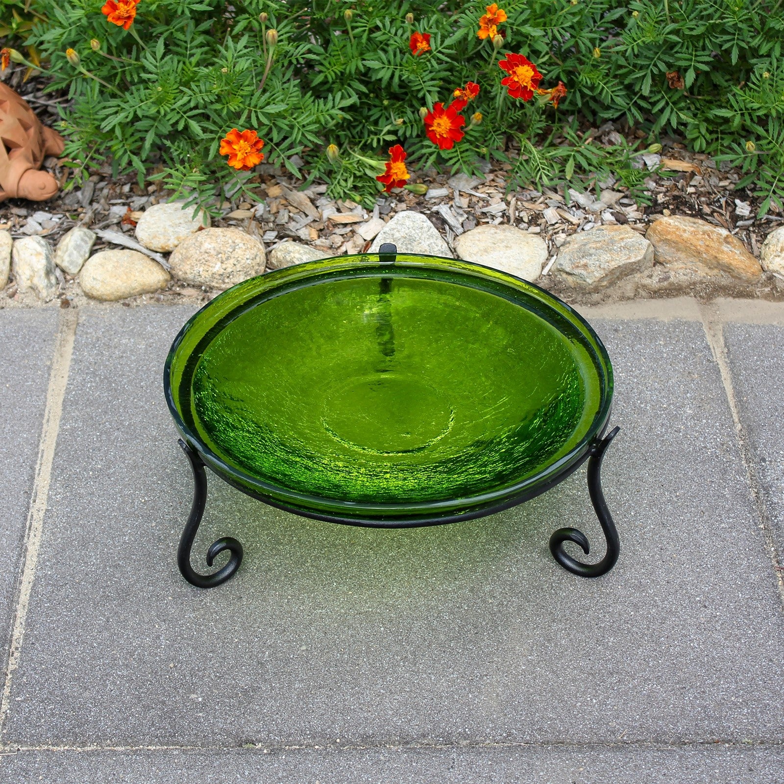 ACHLA 14in Crackle Glass Birdbath | Fern Green Hand-Blown Glass Bowl on Black Wrought Iron Stand | Garden & Patio Accent | Model CGB-14FG-S2