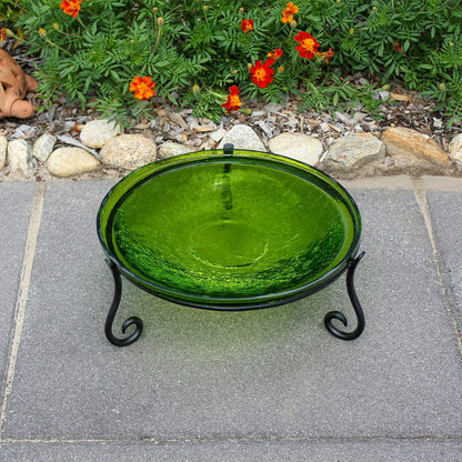 ACHLA 14in Crackle Glass Birdbath | Fern Green Hand-Blown Glass Bowl on Black Wrought Iron Stand | Garden & Patio Accent | Model CGB-14FG-S2