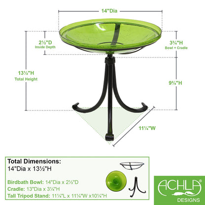 ACHLA Crackle Glass Birdbath with Tripod Stand | Fern Green Glass and Black Wrought Iron | Garden & Patio Accent | Model CGB-14FG-TR2