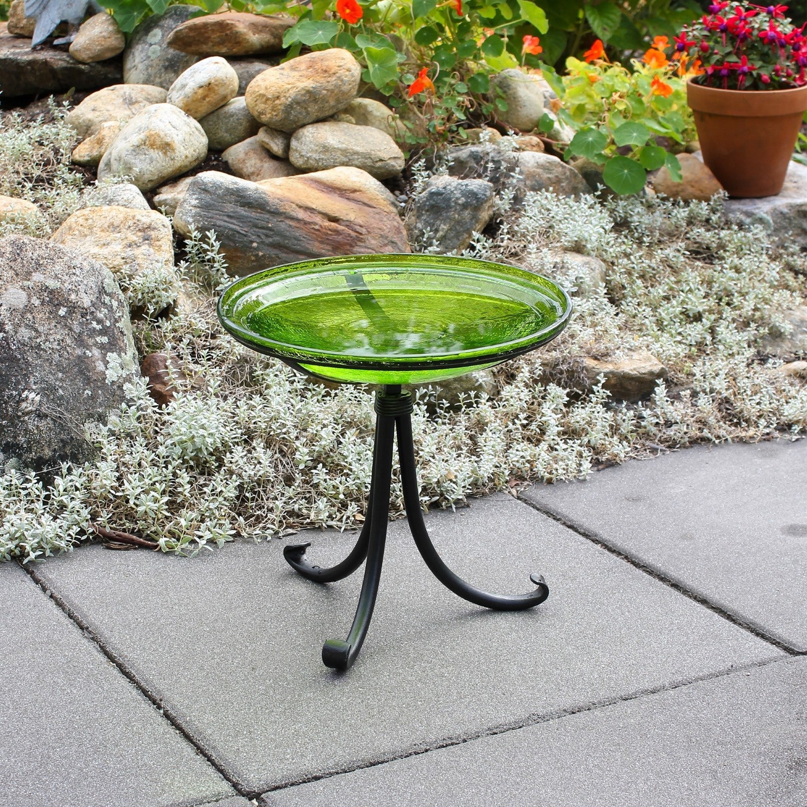 ACHLA Crackle Glass Birdbath with Tripod Stand | Fern Green Glass and Black Wrought Iron | Garden & Patio Accent | Model CGB-14FG-TR2