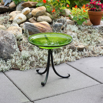 ACHLA Crackle Glass Birdbath with Tripod Stand | Fern Green Glass and Black Wrought Iron | Garden & Patio Accent | Model CGB-14FG-TR2