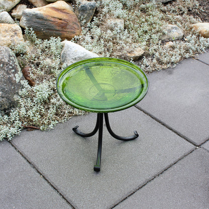 ACHLA Crackle Glass Birdbath with Tripod Stand | Fern Green Glass and Black Wrought Iron | Garden & Patio Accent | Model CGB-14FG-TR2