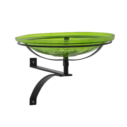ACHLA Crackle Glass Birdbath with Wall Bracket | Fern Green Glass and Black Wrought Iron | Patio & Garden Bird Bath | Model CGB-14FG-WM2