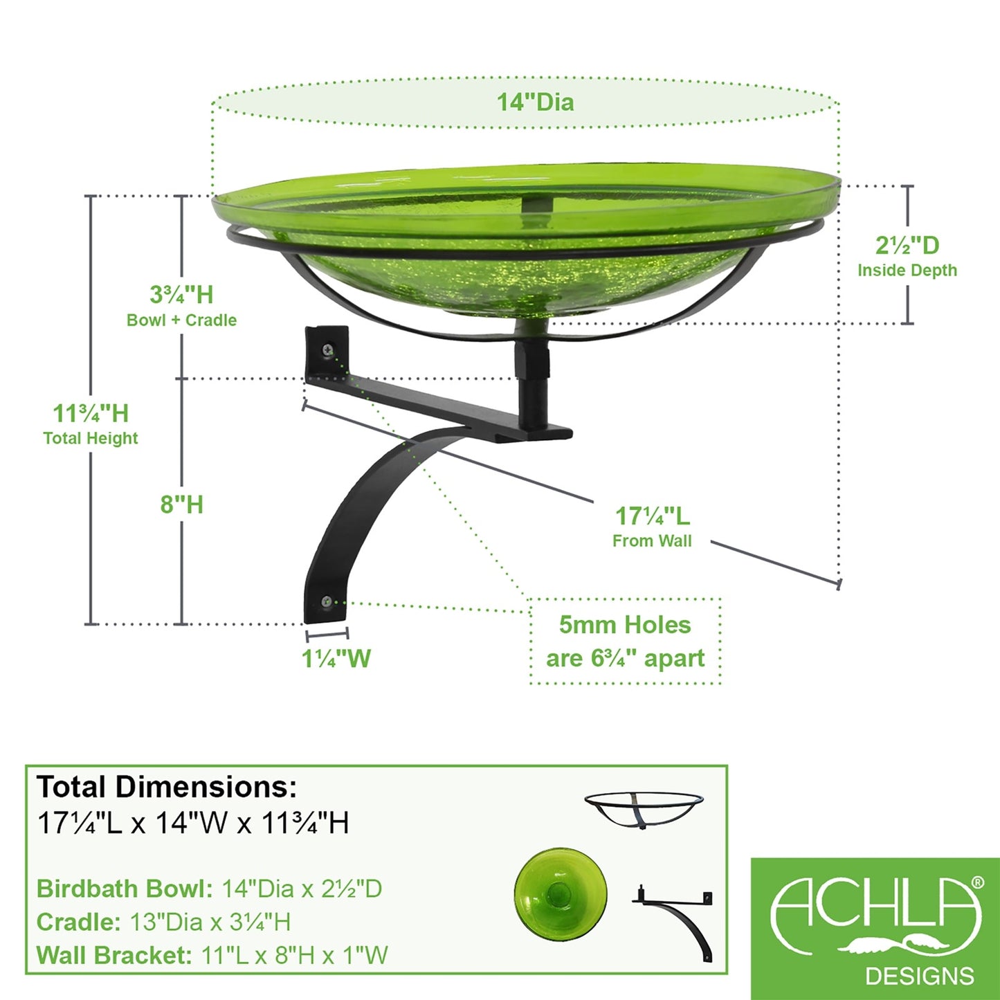 ACHLA Crackle Glass Birdbath with Wall Bracket | Fern Green Glass and Black Wrought Iron | Patio & Garden Bird Bath | Model CGB-14FG-WM2