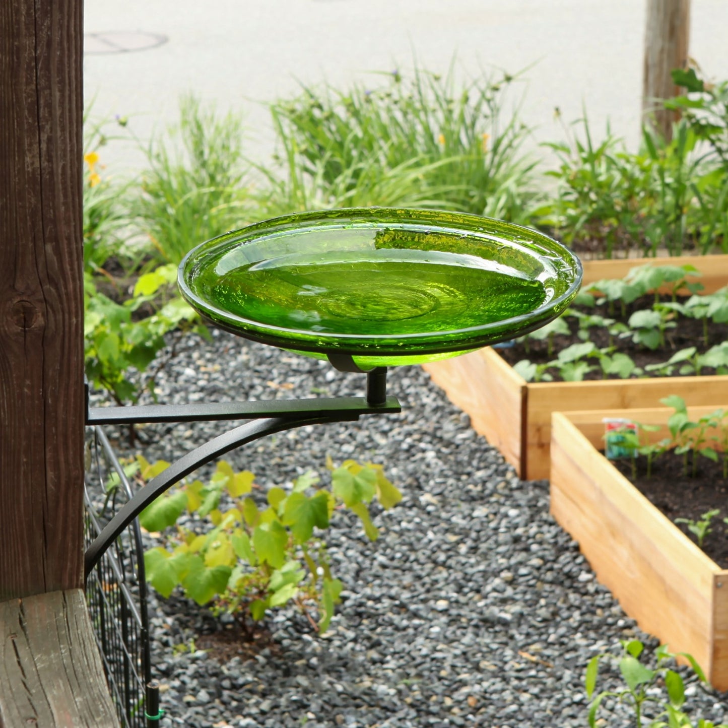 ACHLA Crackle Glass Birdbath with Wall Bracket | Fern Green Glass and Black Wrought Iron | Patio & Garden Bird Bath | Model CGB-14FG-WM2