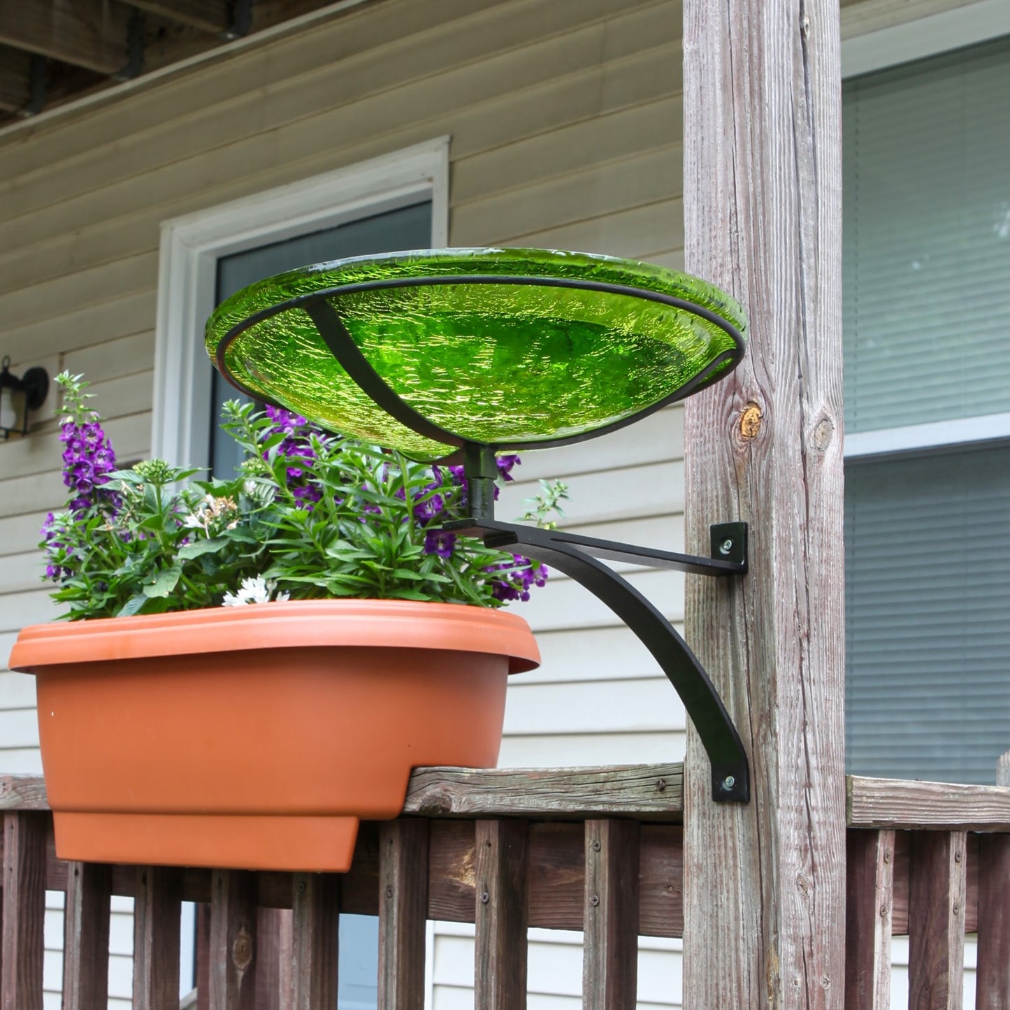ACHLA Crackle Glass Birdbath with Wall Bracket | Fern Green Glass and Black Wrought Iron | Patio & Garden Bird Bath | Model CGB-14FG-WM2