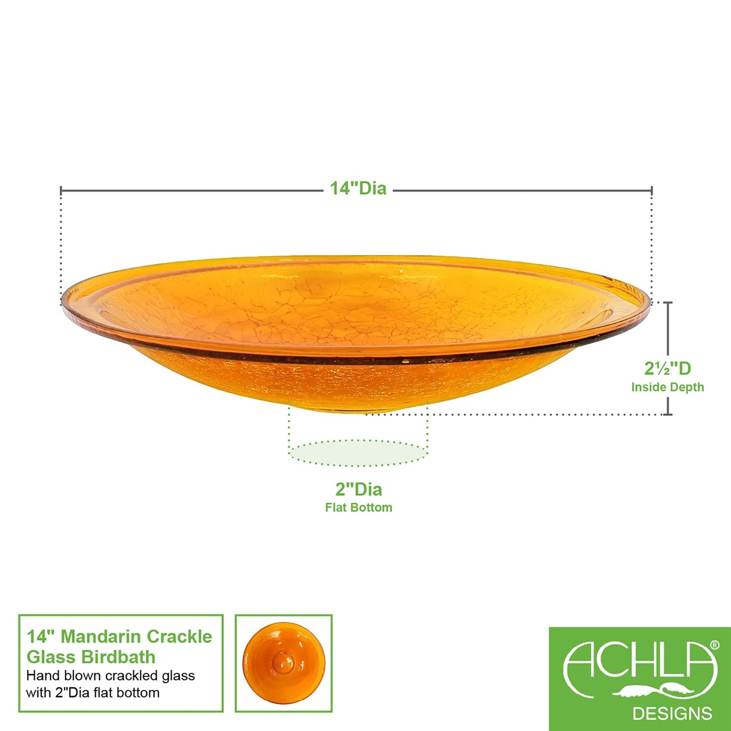 ACHLA Crackle Glass Birdbath Bowl 14in | Hand-Blown Mandarin Glass | Garden & Patio Water Feature | 14 x 14 x 2 in | Model CGB-14M