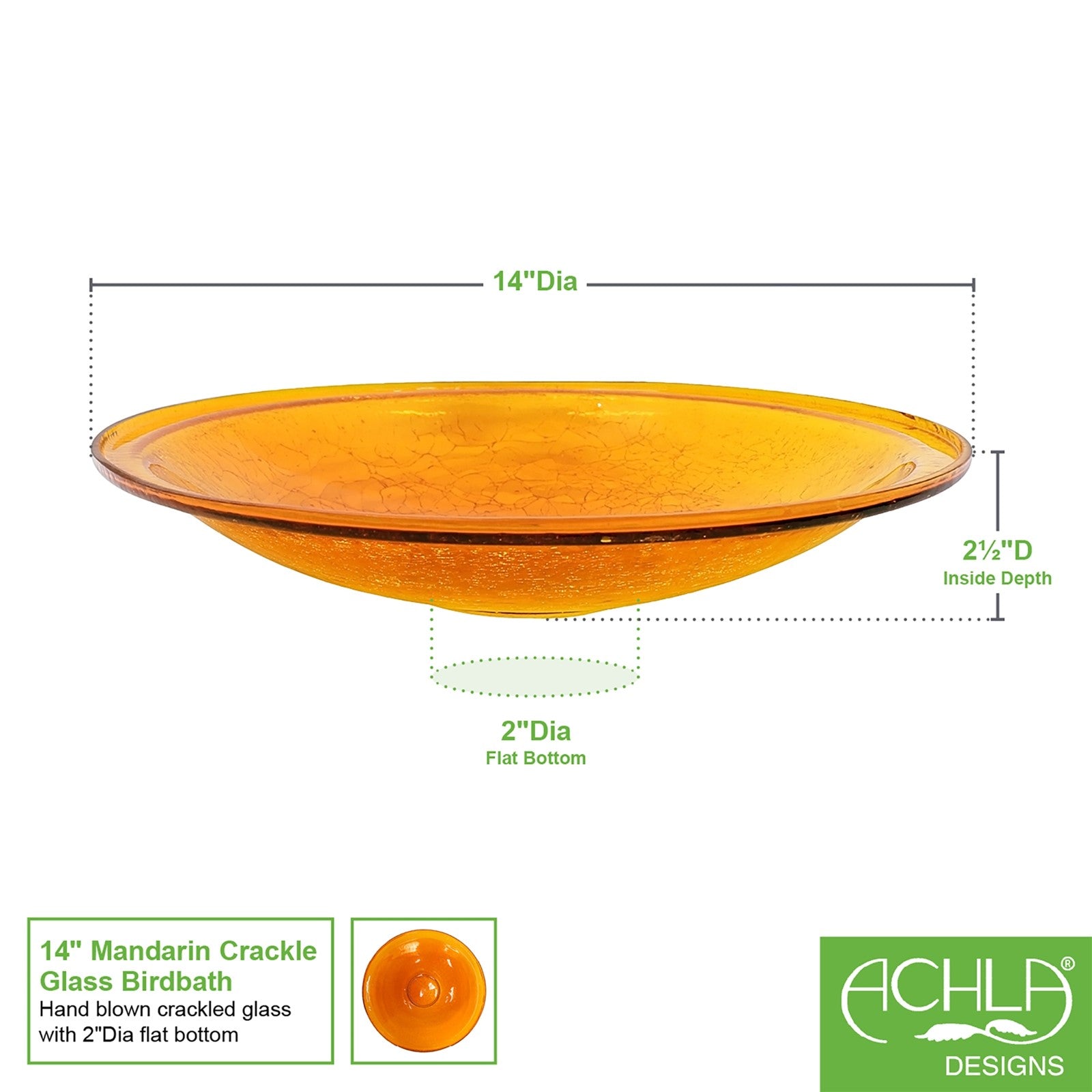 ACHLA Crackle Glass Birdbath Bowl 14in | Hand-Blown Mandarin Glass | Garden & Patio Water Feature | 14 x 14 x 2 in | Model CGB-14M