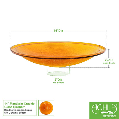 ACHLA Crackle Glass Birdbath Bowl 14in | Hand-Blown Mandarin Glass | Garden & Patio Water Feature | 14 x 14 x 2 in | Model CGB-14M