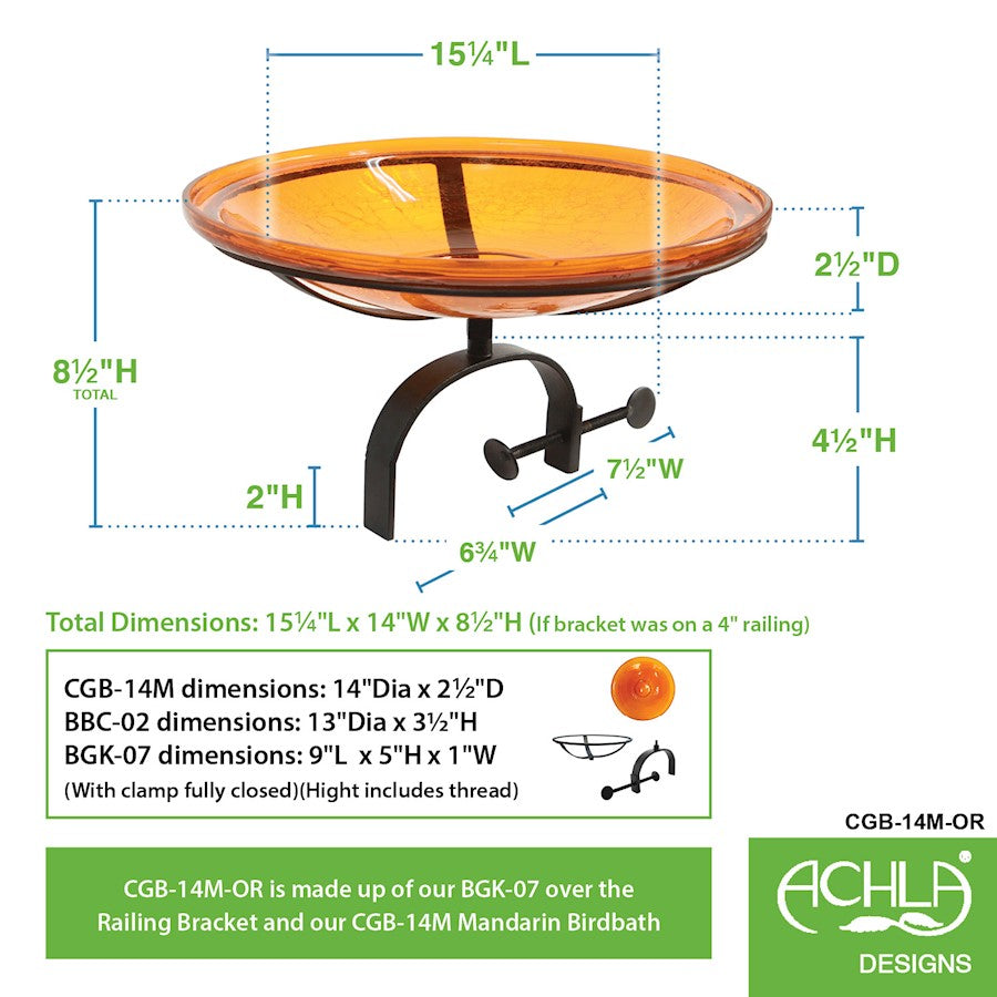 ACHLA 14" Crackle Bowl with Over Rail Bracket, Mandarin