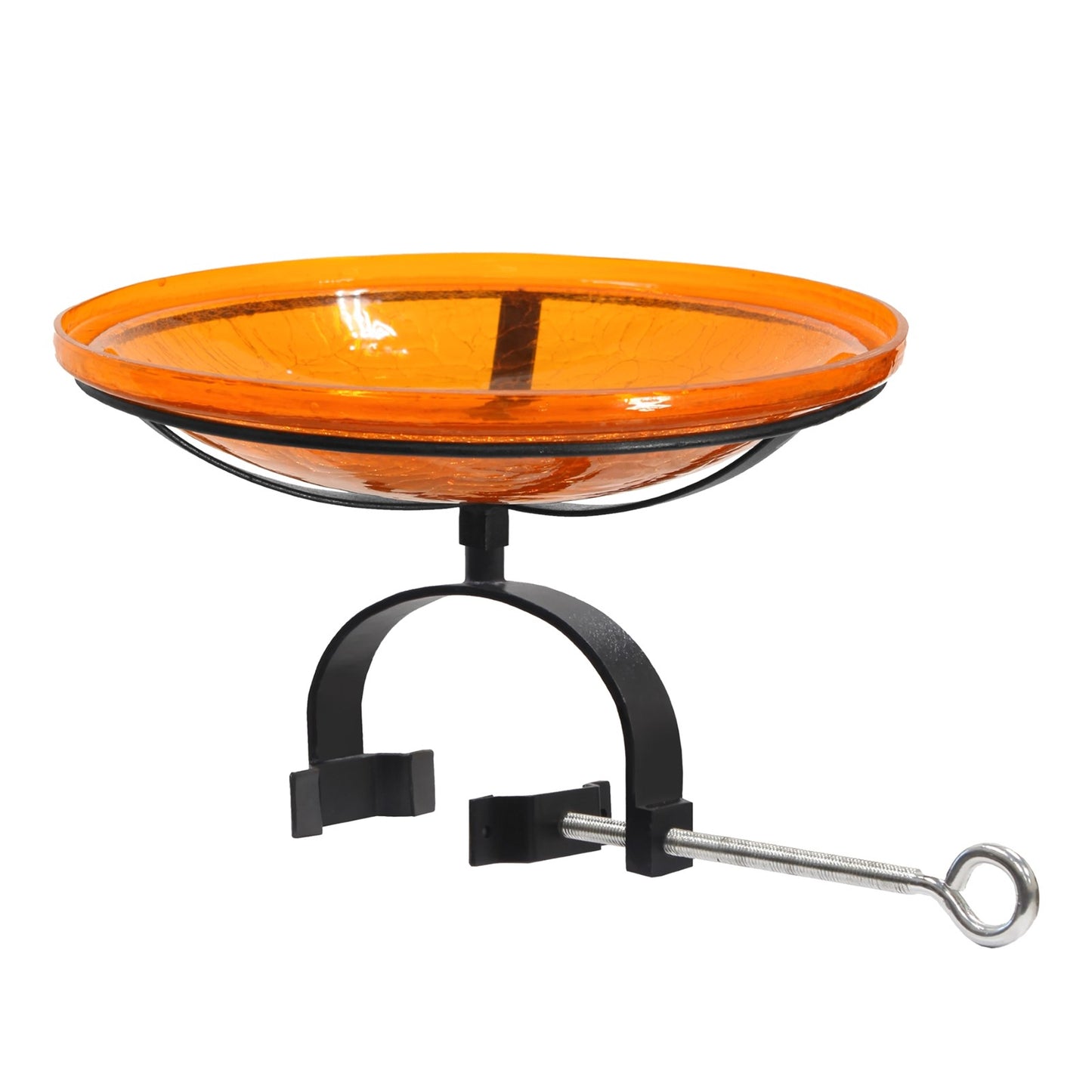 ACHLA Crackle Glass Birdbath with Over Rail Bracket | Mandarin Orange Hand-Blown Glass and Black Wrought Iron | Balcony, Porch & | Model CGB-14M-OR2