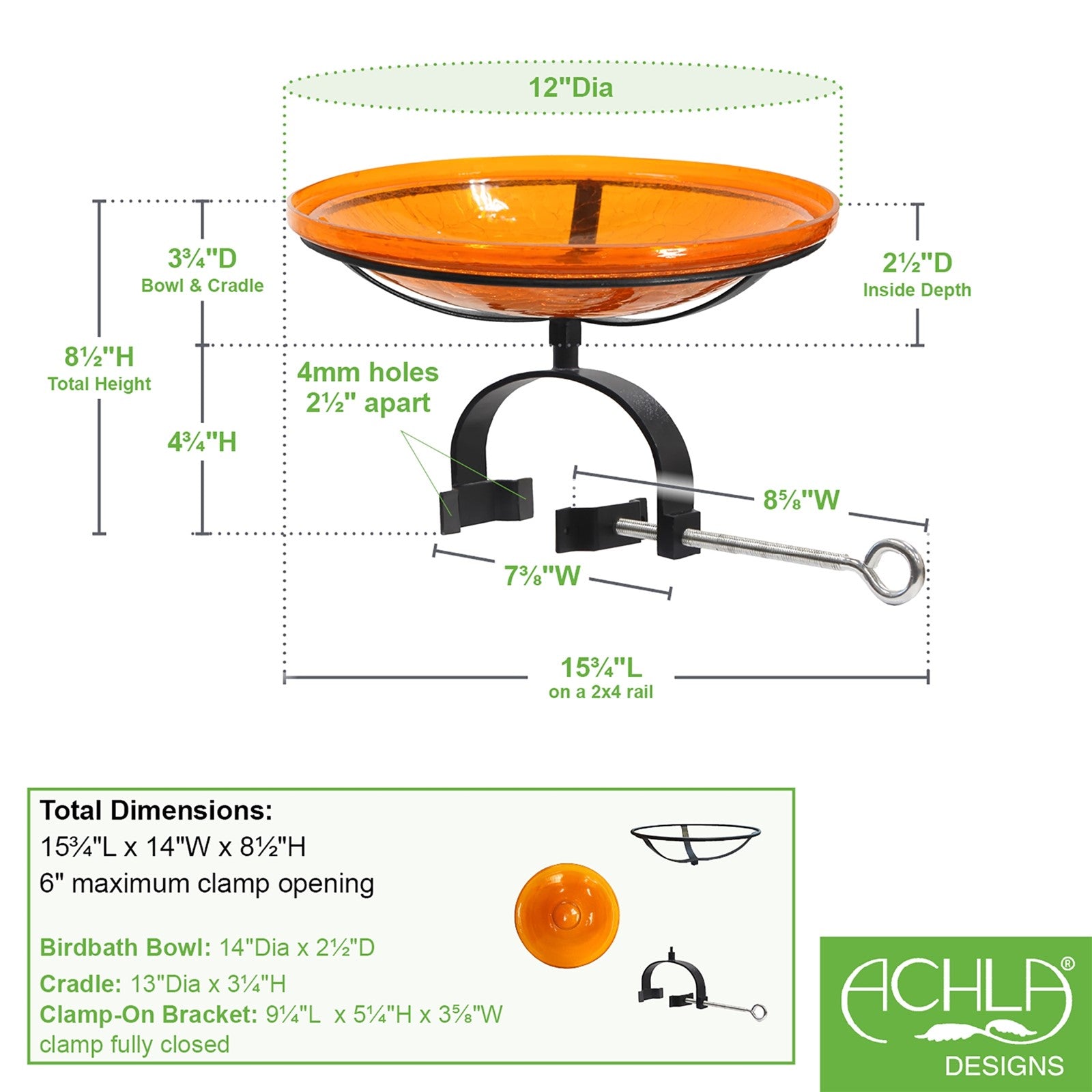 ACHLA Crackle Glass Birdbath with Over Rail Bracket | Mandarin Orange Hand-Blown Glass and Black Wrought Iron | Balcony, Porch & | Model CGB-14M-OR2