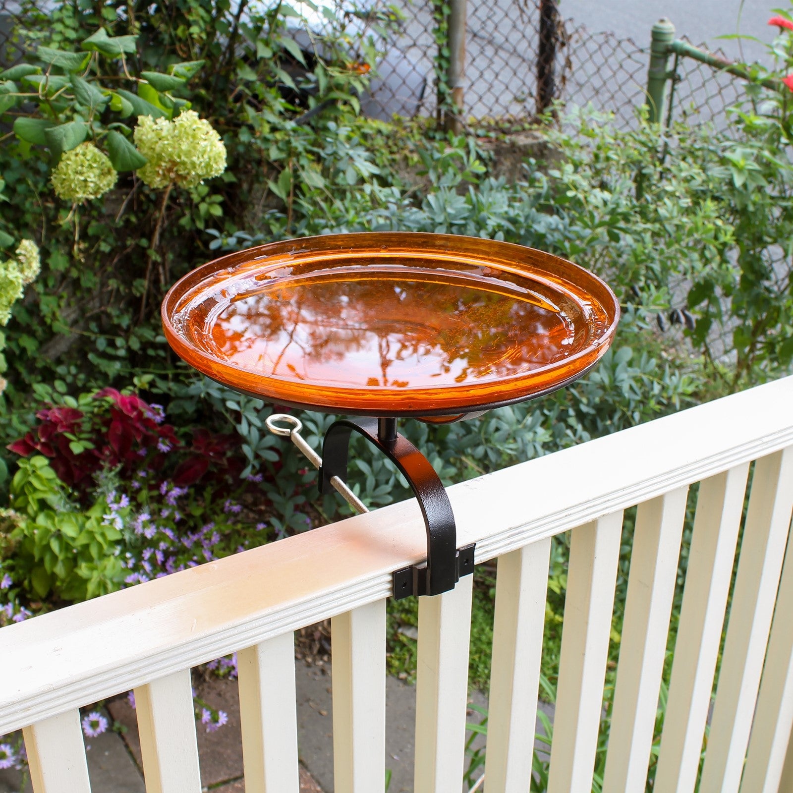 ACHLA Crackle Glass Birdbath with Over Rail Bracket | Mandarin Orange Hand-Blown Glass and Black Wrought Iron | Balcony, Porch & | Model CGB-14M-OR2
