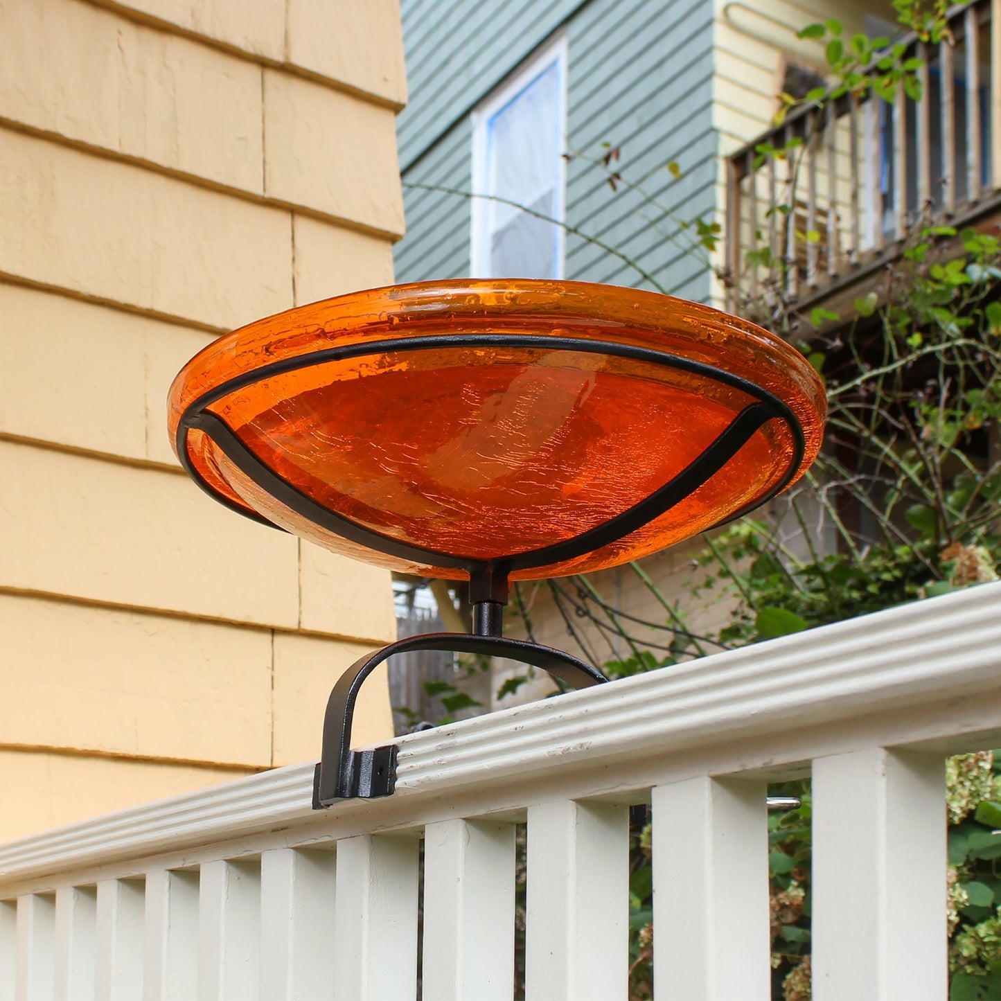 ACHLA Crackle Glass Birdbath with Over Rail Bracket | Mandarin Orange Hand-Blown Glass and Black Wrought Iron | Balcony, Porch & | Model CGB-14M-OR2