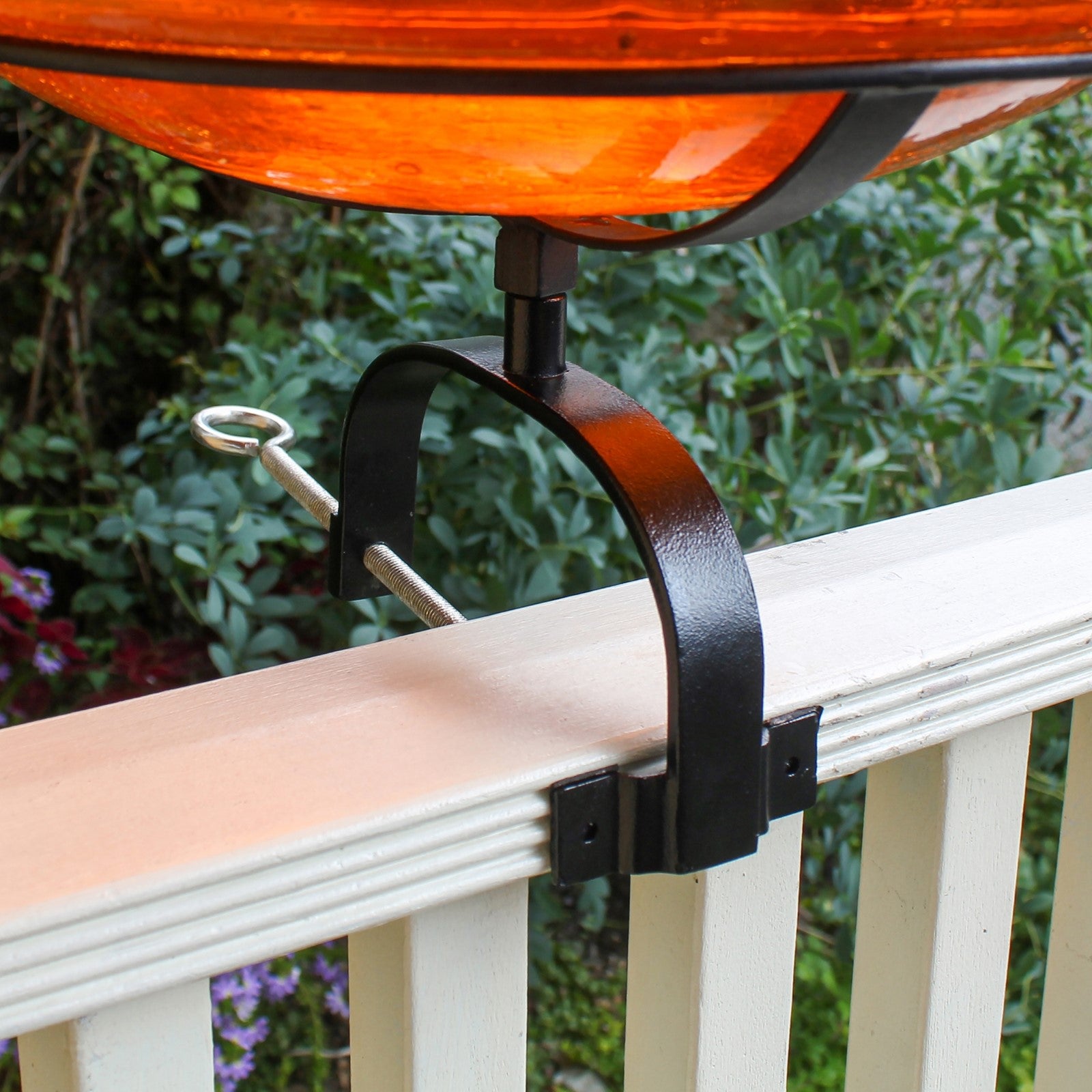 ACHLA Crackle Glass Birdbath with Over Rail Bracket | Mandarin Orange Hand-Blown Glass and Black Wrought Iron | Balcony, Porch & | Model CGB-14M-OR2