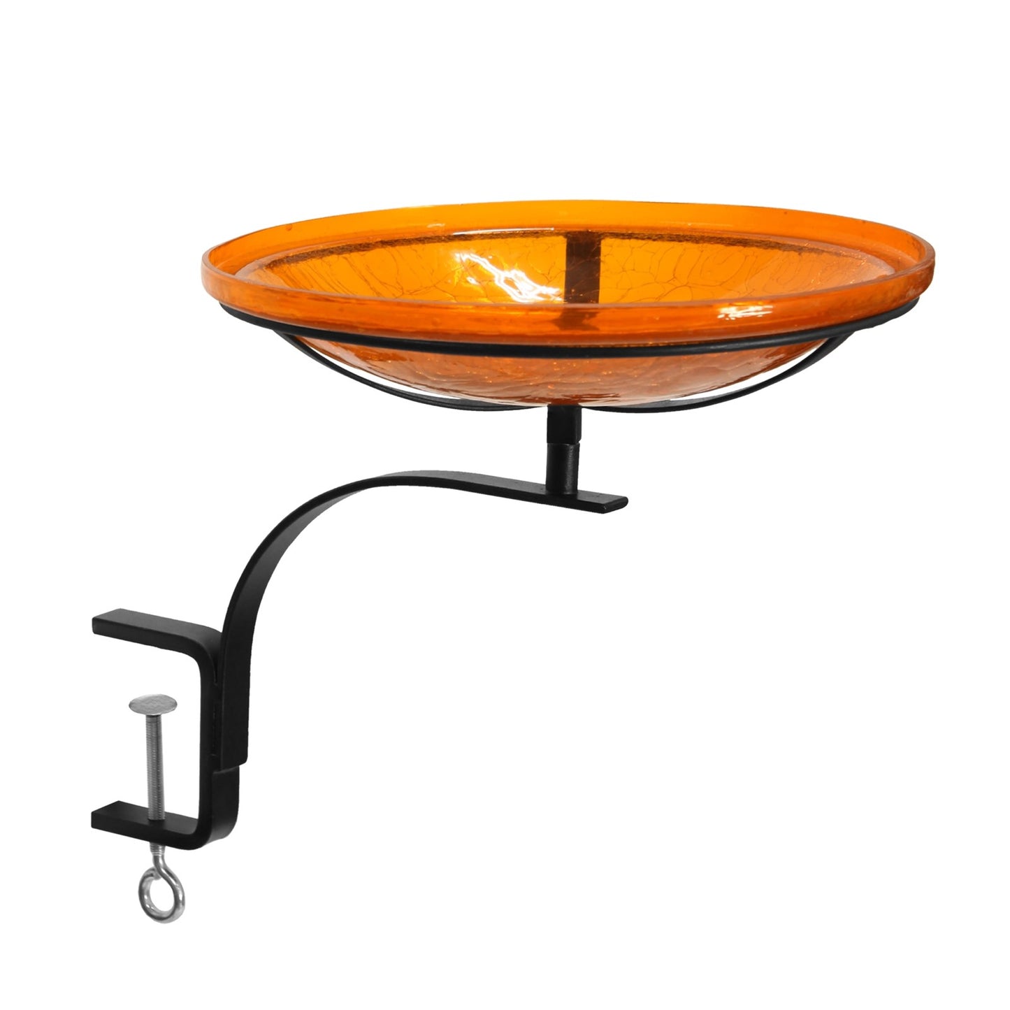 ACHLA 14in Crackle Glass Birdbath | Mandarin Orange Hand-Blown Glass and Black Wrought Iron | Deck & Balcony Rail Mount | Model CGB-14M-RM