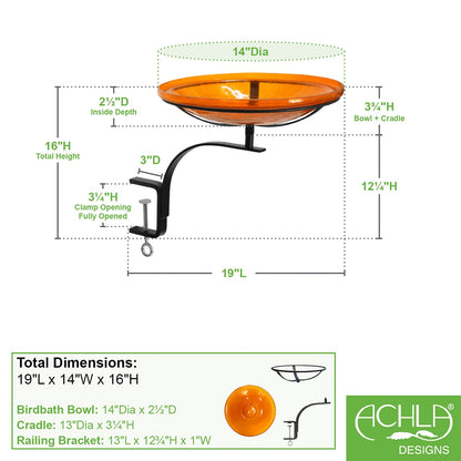 ACHLA 14in Crackle Glass Birdbath | Mandarin Orange Hand-Blown Glass and Black Wrought Iron | Deck & Balcony Rail Mount | Model CGB-14M-RM