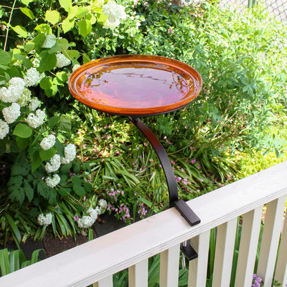 ACHLA 14in Crackle Glass Birdbath | Mandarin Orange Hand-Blown Glass and Black Wrought Iron | Deck & Balcony Rail Mount | Model CGB-14M-RM