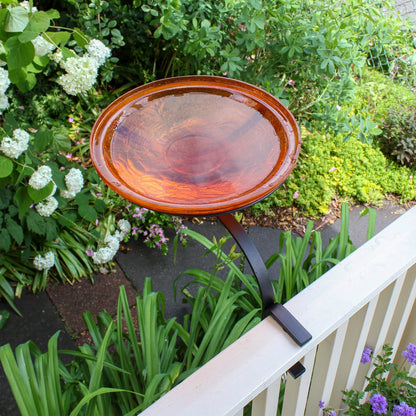 ACHLA 14in Crackle Glass Birdbath | Mandarin Orange Hand-Blown Glass and Black Wrought Iron | Deck & Balcony Rail Mount | Model CGB-14M-RM