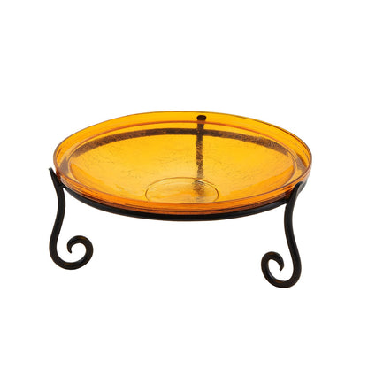 ACHLA 14in Crackle Glass Birdbath with Short Stand | Mandarin Orange Glass and Black Wrought Iron | Garden & Patio Accent | Model CGB-14M-S2