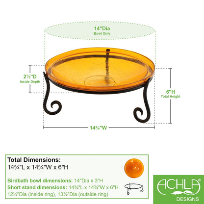 ACHLA 14in Crackle Glass Birdbath with Short Stand | Mandarin Orange Glass and Black Wrought Iron | Garden & Patio Accent | Model CGB-14M-S2