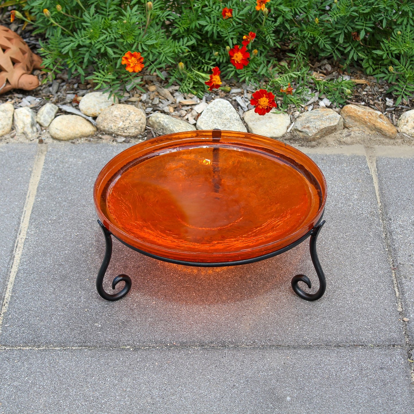 ACHLA 14in Crackle Glass Birdbath with Short Stand | Mandarin Orange Glass and Black Wrought Iron | Garden & Patio Accent | Model CGB-14M-S2