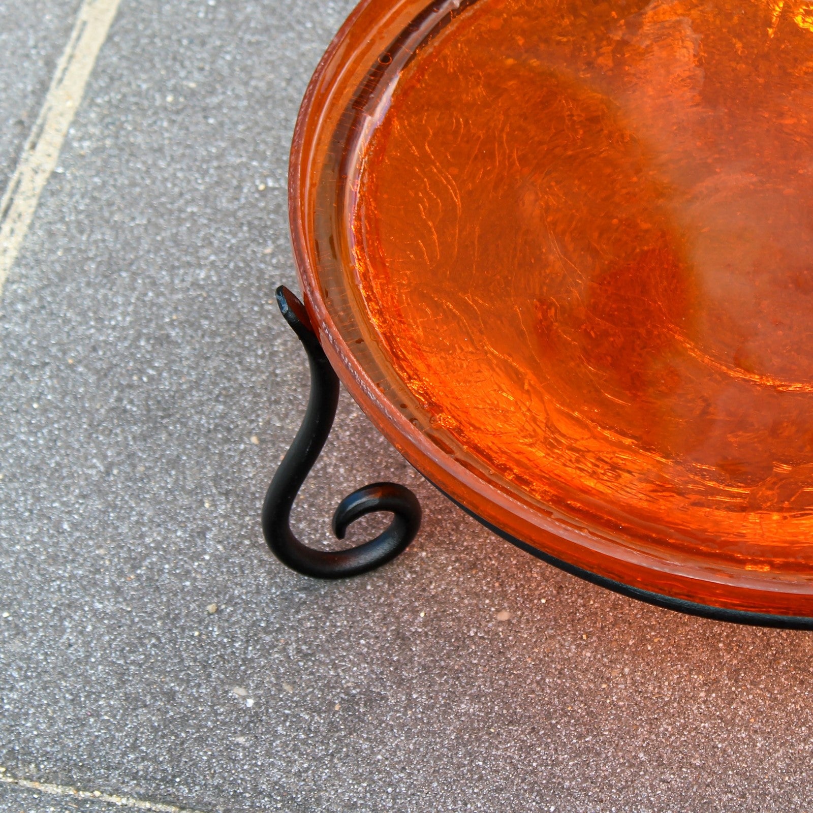 ACHLA 14in Crackle Glass Birdbath with Short Stand | Mandarin Orange Glass and Black Wrought Iron | Garden & Patio Accent | Model CGB-14M-S2