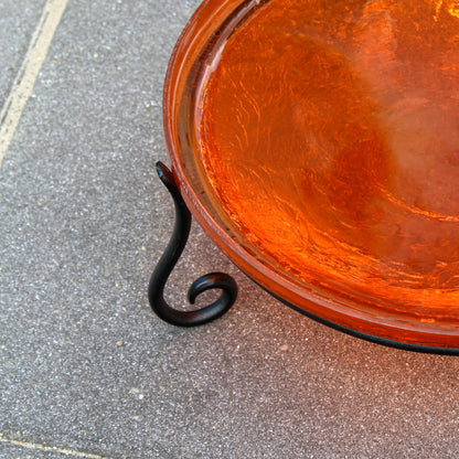 ACHLA 14in Crackle Glass Birdbath with Short Stand | Mandarin Orange Glass and Black Wrought Iron | Garden & Patio Accent | Model CGB-14M-S2