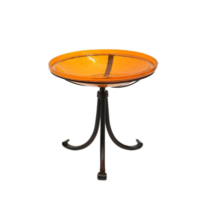 ACHLA Crackle Glass Birdbath | Mandarin Orange Glass Bowl on Black Wrought Iron Tripod Stand | Garden & Patio Accent | Model CGB-14M-TR2