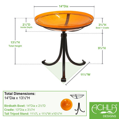 ACHLA Crackle Glass Birdbath | Mandarin Orange Glass Bowl on Black Wrought Iron Tripod Stand | Garden & Patio Accent | Model CGB-14M-TR2