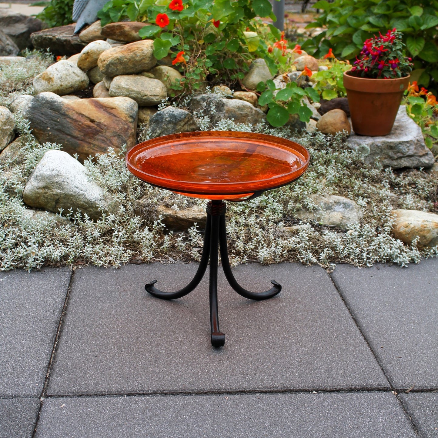 ACHLA Crackle Glass Birdbath | Mandarin Orange Glass Bowl on Black Wrought Iron Tripod Stand | Garden & Patio Accent | Model CGB-14M-TR2