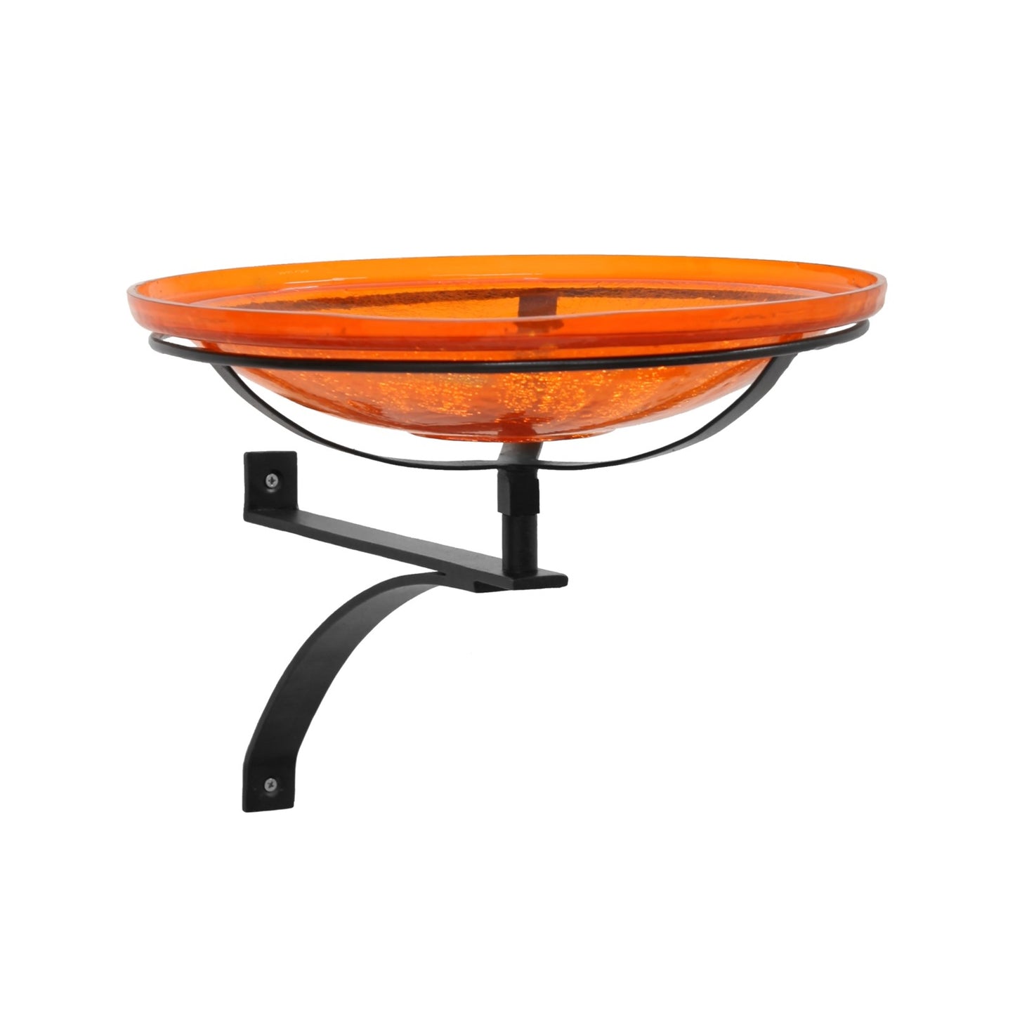 ACHLA 14in Crackle Glass Birdbath Wall Bracket | Mandarin Orange Glass and Black Wrought Iron | Porch, Deck & Garden Decor | Model CGB-14M-WM2