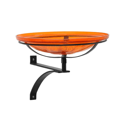 ACHLA 14in Crackle Glass Birdbath Wall Bracket | Mandarin Orange Glass and Black Wrought Iron | Porch, Deck & Garden Decor | Model CGB-14M-WM2