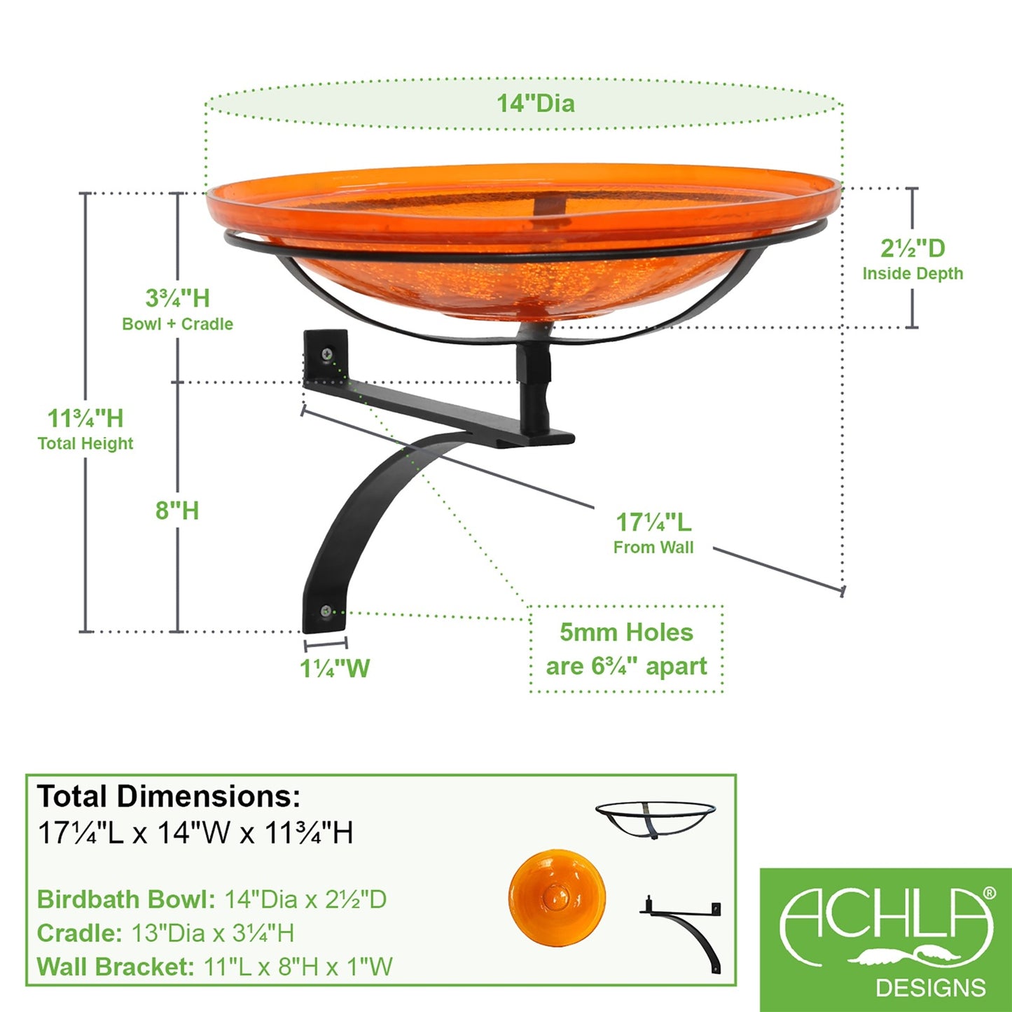 ACHLA 14in Crackle Glass Birdbath Wall Bracket | Mandarin Orange Glass and Black Wrought Iron | Porch, Deck & Garden Decor | Model CGB-14M-WM2