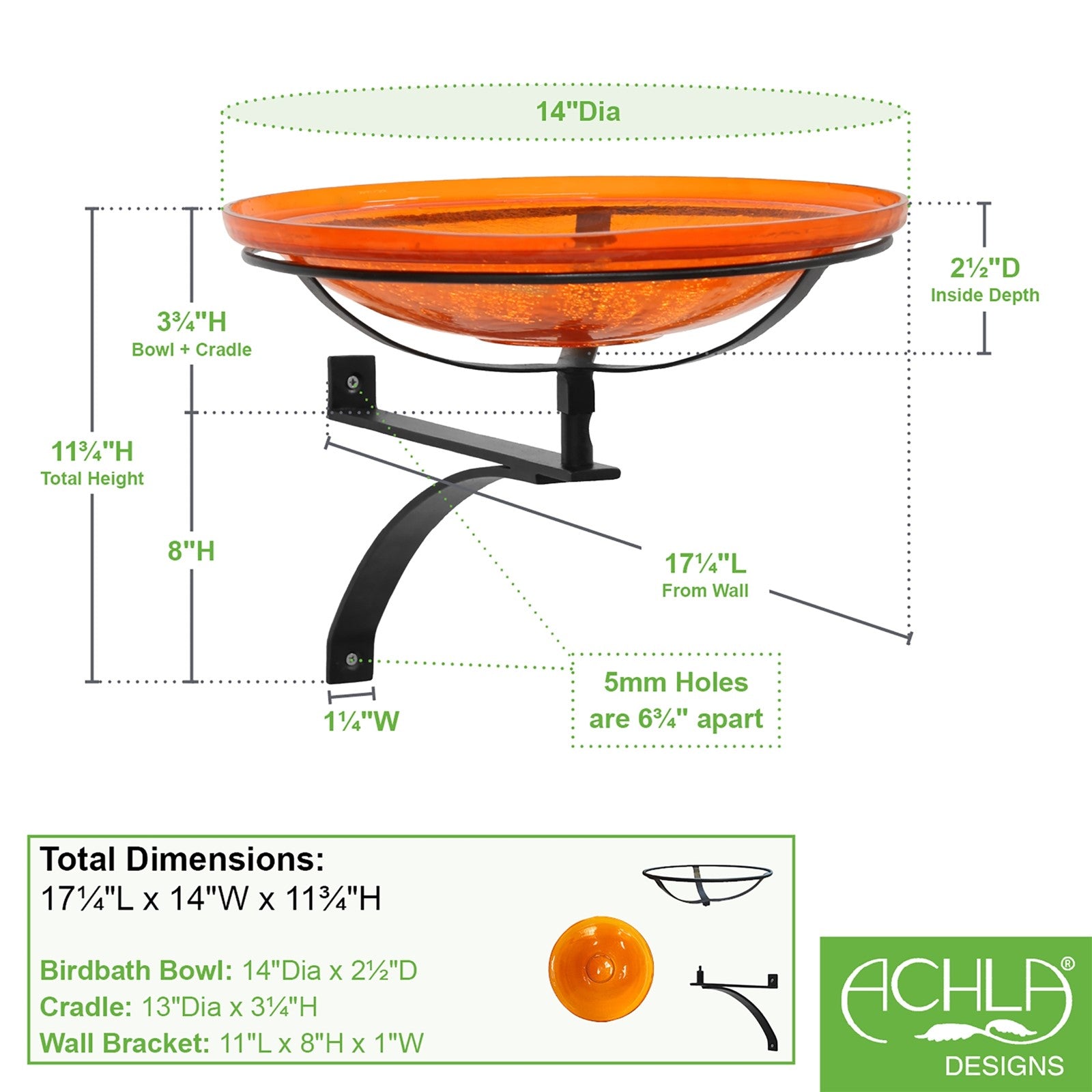 ACHLA 14in Crackle Glass Birdbath Wall Bracket | Mandarin Orange Glass and Black Wrought Iron | Porch, Deck & Garden Decor | Model CGB-14M-WM2