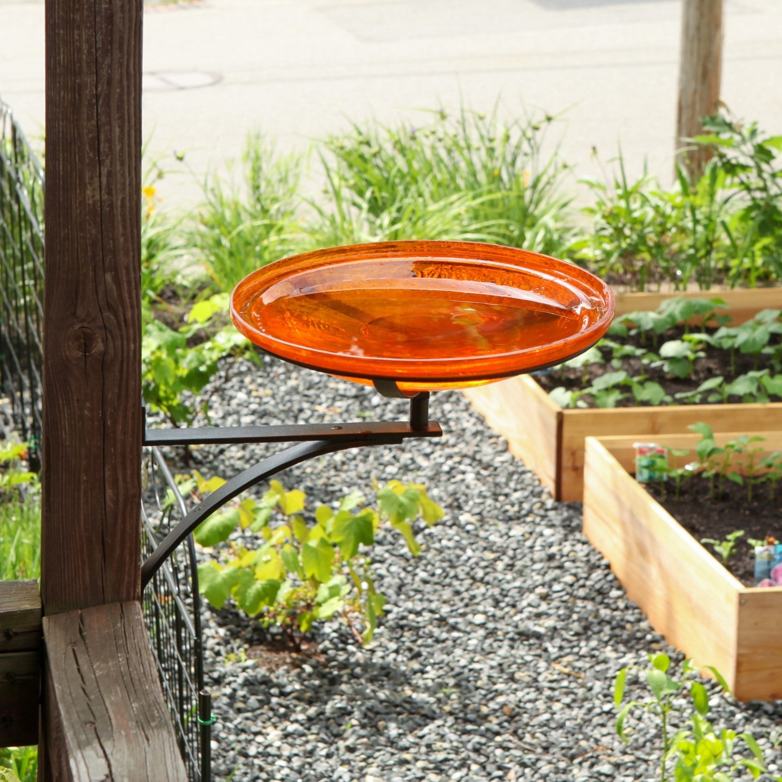 ACHLA 14in Crackle Glass Birdbath Wall Bracket | Mandarin Orange Glass and Black Wrought Iron | Porch, Deck & Garden Decor | Model CGB-14M-WM2