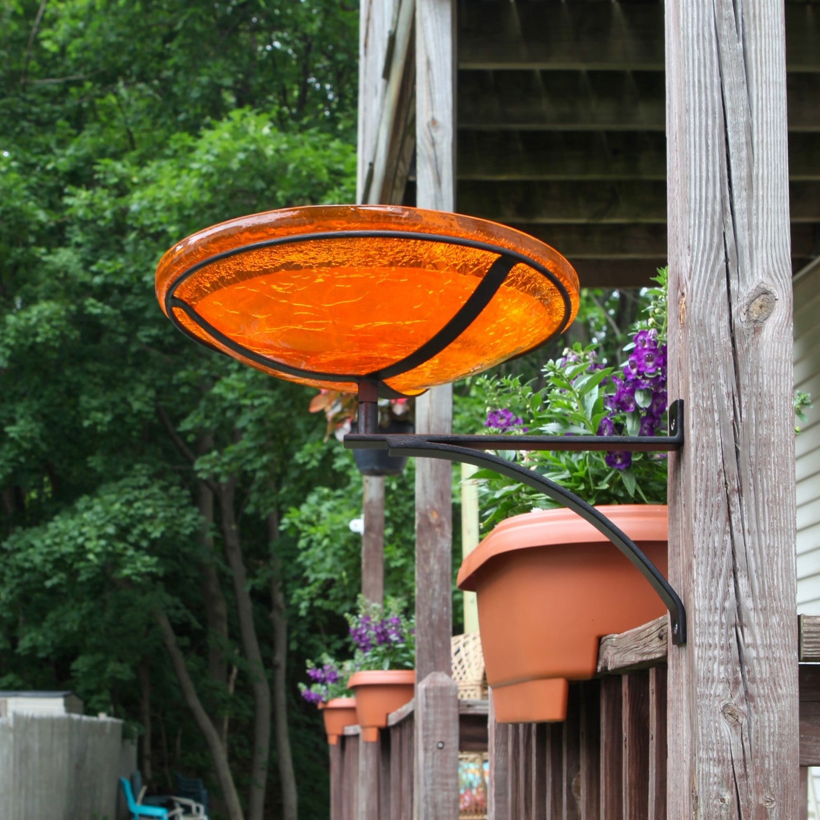 ACHLA 14in Crackle Glass Birdbath Wall Bracket | Mandarin Orange Glass and Black Wrought Iron | Porch, Deck & Garden Decor | Model CGB-14M-WM2