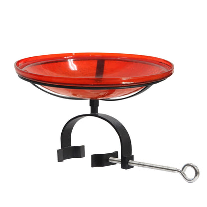 ACHLA Crackle Glass Birdbath with Over Rail Bracket | Hand-Blown Red Glass and Black Wrought Iron | Balcony & Deck Railing | Model CGB-14R-OR2