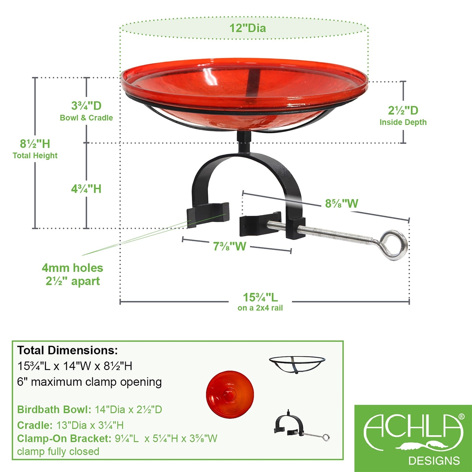 ACHLA Crackle Glass Birdbath with Over Rail Bracket | Hand-Blown Red Glass and Black Wrought Iron | Balcony & Deck Railing | Model CGB-14R-OR2