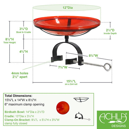 ACHLA Crackle Glass Birdbath with Over Rail Bracket | Hand-Blown Red Glass and Black Wrought Iron | Balcony & Deck Railing | Model CGB-14R-OR2