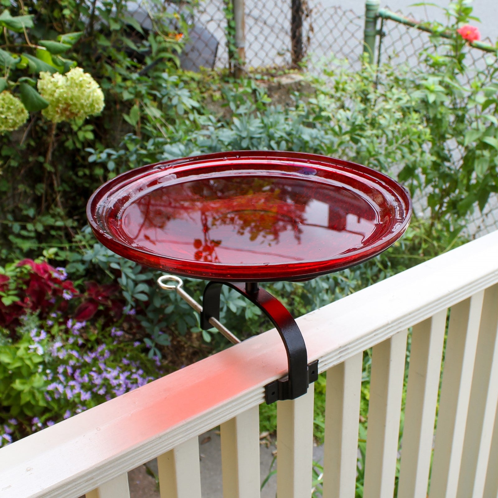 ACHLA Crackle Glass Birdbath with Over Rail Bracket | Hand-Blown Red Glass and Black Wrought Iron | Balcony & Deck Railing | Model CGB-14R-OR2