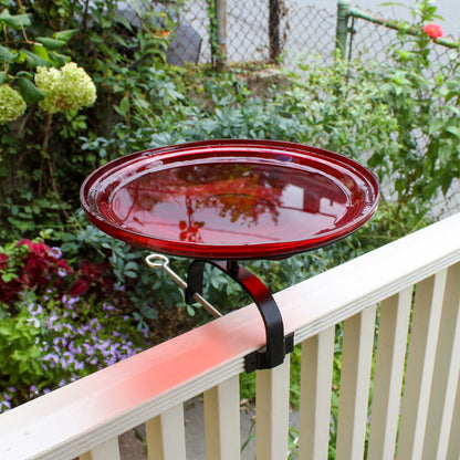 ACHLA Crackle Glass Birdbath with Over Rail Bracket | Hand-Blown Red Glass and Black Wrought Iron | Balcony & Deck Railing | Model CGB-14R-OR2