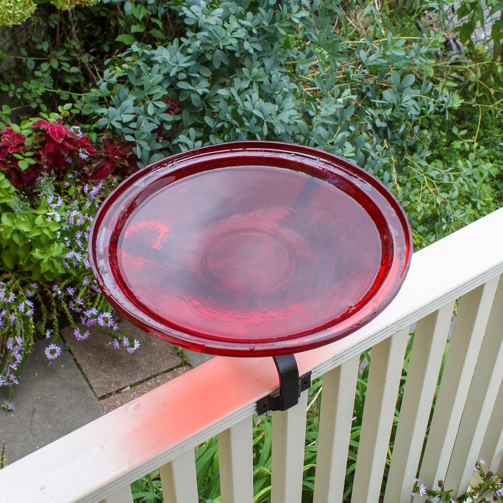 ACHLA Crackle Glass Birdbath with Over Rail Bracket | Hand-Blown Red Glass and Black Wrought Iron | Balcony & Deck Railing | Model CGB-14R-OR2